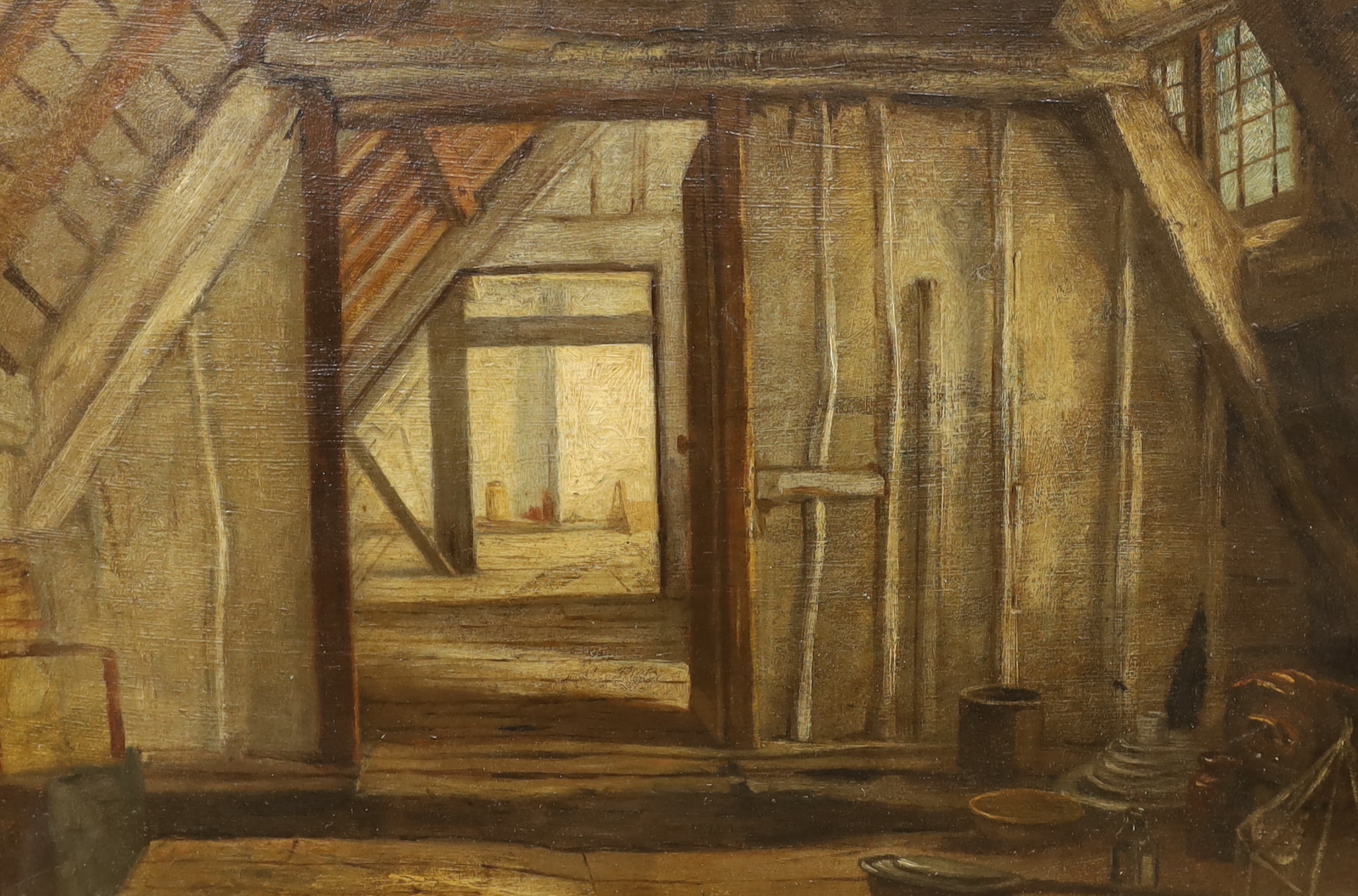 Elizabeth Hunter, two 19th century oil on boards, 'The Attics of the Corner House' and 'Room in the Old Burford Cottage Hospital', each inscribed verso, largest 44 x 31cm